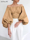 Lantern Sleeve Elegant Khaki Blouse Women Sexy Party Off Shoulder Top Ladies White Black Shirt Cotton Bodycon