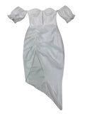 Sheath Print Colorblock Dress For Women Square Collar Short Sleeve High Waist Irregular Hem Midi Dresses Female