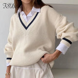 of FSDA V Neck Loose Women Sweater Autumn Winter White Long Seelve Jumper Patchwork Oversized Pullover Knitted Casual
