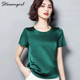 Imitation Silk Blouse Short Sleeve Satin Blouse Women Summer Ladies Office Blouses Womens Tops And Blouses