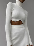 2022 Elegant Sexy Women Knitted Suit Turtleneck Sweater Top And High Waist Long Skirt Party Tracksuit Autumn