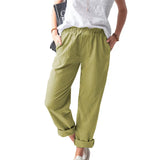 Linen Trousers Solid Color Elastic High Waist