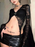 Dark Lace See Through Mall Gothic Women T-shirts Emo Sexy Grunge Aesthetic Flare Sleeve Crop Tops Y2k Black V-neck Alt Tees-Outfit