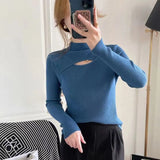 Hollow Out Pullover Women Sweaters Half Turtleneck Long Sleeve Knit Tops Elegant Jumper Autumn and Winter Clothes