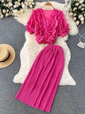 Ruffled Elegant Chic Women Set Summer 2022 V Neck Fashion Tops+ Knitted Elastic Waist Skirt Solid Two Piece