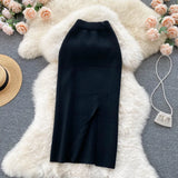 Solid Color Skirt Winter With Sweater High Waist Thin Temperament Open Elastic Knitted Hip Long