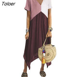 Casual Women Dress Short Sleeve V Neck Geometric Patchwork Irregular Hem Midi Summer Dress Vestidos