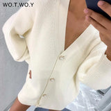 WOTWOY Casual V-neck Knitted Oversize Cardigan Women Buttons Loose Lantern Sleeve Sweaters Female Basic White Autumn Winter