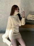 Autumn and Winter New Women's Two-piece Suit Korean Style Knitted Turtleneck Knitted Sweater Wrap Hip Skirt Two-piece