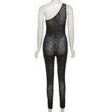 Leopard Print Mesh Skinny Jumpsuit Women One Shoulder Sleeveless Patchwork Fitness Party Activewear Basic Wild Female