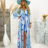 Vintage V Neck Printing Maxi Dress Women Casual Long Sleeve Button Elastic Waist Party Dress Boho Summer Beach Long