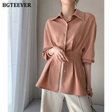 Stylish Chic Turn-down Collar Women Chiffon Shirts Elegant Single-breasted Slim Waist Female Solid Blouses Tops
