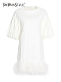 TWOTWINSTYLE Patchwork Feathers Hem Dress For Women Round Neck Short Sleeve Solid Minimalsit Summer Dresses Female Clothing