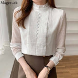 White Elegant Blouse Autumn Pleated Ruffle Blouse Women Top Long Sleeve Lace Chiffon Shirt Office Lady Blusas Mujer