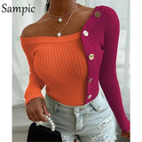 Sexy Women Buttons Patchwork White Knitted Jumper Sweaters Long Sleeve Off Shoulder Thin Skinny Autumn 2020 Basic