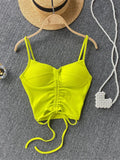 Summer Streetwear Black Soild Corset Top Backless Cami Strap Drawstring Bandage V Neck Crop Top Women 2022 Pink Tops