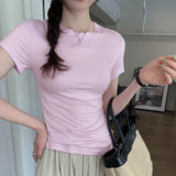 Pink Round-Neck Short-Sleeved T-Shirt A New Slim, Slim, Casual And Beautiful Blouse For Women In Spring And Summer-Outfit