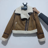2022 New Fashion Suede Teddy Brown Woman Jacket Vintage Patchwork PU With Zipper Winter Coat Women Female Outwear