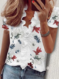 Boho Floral Print Slim Shirt Office Lady Retro Tops Women Casual Short Sleeve Sexy V-neck Ruffles Blouse 2022