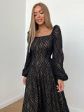 Jacquard Black A-Line Dress Spring 2023 Women Lantern Sleeve Flowing Midi Dress Elegant Lady Chic Long Dress