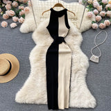 Bow Knitted Women Elegant Dress Summer 2022 O Neck Sleeveless Slim Office Lady Ladies A Line Splice
