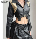 Motorcycle Contrast Stitching PU Cropped Jackets Zip Up Full Sleeve Faux Leather Cardigans Moto & Biker Button