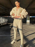 Skinny Two Piece Set Women Knit V-Neck Long Sleeve Top And Pants Female Jumpsuits 2 Piece Outfits Sexy Femme Matching