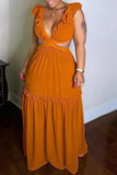 Ruffle Long Skirt V-neck Solid Color
