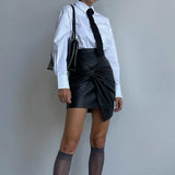 Toloer Women's Wear 2024 New Street Fashion Pleated Hip Skirt Leather Short Skirt-Outfit