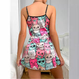 Bare-Back Ice Silk Halter Skirt Imitation Silk Nightskirt Summer Printed Pajamas Short Skirt Women's Household Clothes-Outfit