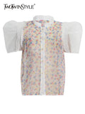 Casual Shirts For Women Slim Stand Collar Puff Short Sleeve Colorblock Blouses Female 2021 Summer Clothing