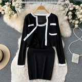 2022 Autumn OL Knitted Sets Pocket Long Sleeve Cardigan+ Midi Long Tank Top Knit Dress Ladies Sweater Two Pieces