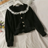 Korean Vintage Lace Patchwork Female Shirts Office Lady Elegant Peter Pan Collar Blusas Mujer Single Breasted