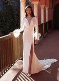 Elegant White Mesh Deep V Neck Long Sleeve Slit Eevening