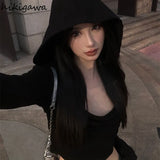 Black Tshirts for Women Crop Tops 2024 Shirts for Women Hooded Long Sleeve Tees Fashion Casual Sexy Y2k T Shirt 27u851-Outfit