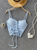 Summer Streetwear Black Soild Corset Top Backless Cami Strap Drawstring Bandage V Neck Crop Top Women 2022 Pink Tops