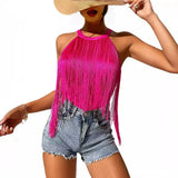 Women's Hot-Selling Solid Color Sleeveless Neck Top Ladies' Fashionable Tassel Beach Swimsuit-Outfit