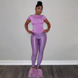 Women's Simple Solid Color Round Collar Short-Sleeved T-Shirt Tight Trousers Two