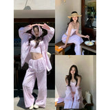 Wind Relaxation Long-Sleeved Sunscreen Shirt Sling High Waist Hanging Feeling Thin Leisure Pants Three-Piece Summer New
