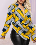 Fashion Women's Shirts Tops Casual Blouses Printing Deep V-neck Irregular Shirts