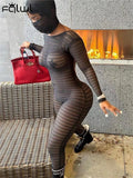 Summer Sexy Solid One Piece Yoga Jumpsuits For Women 2023 O Neck Long Sleeve Backless Mesh Hooded Knit Jumpsuit