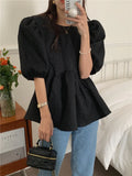 Korean Puff Sleeves Solid Color Folds Temperament Commute Loose Blouse O-Neck Casual Lace Womens Tops Camisas De