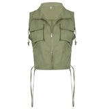Pockets Cargo Jacket Vest Female Stitching Shirring Drawstring Y2K Waistcoat Zip Up Casual Streetwear Corset