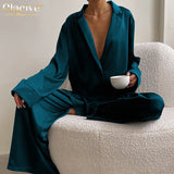 Causal Loose Home Suit Autumn Long Sleeve Shirts With High Wasit Pants Set Women Elegant Black Satin 2 Piece Pants