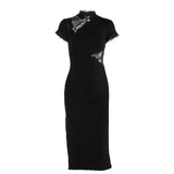 Summer 2024 New Fork Dress, Dark Style, Sexy Slim, Stitched Cheongsam Dress-Outfit