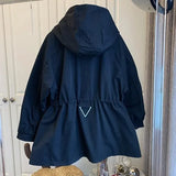 Women Full Sleeve Trench Coats Zipper Hooded Cardigan Solid Drawstring Tight Waist Splice Autumn Winter Casual Loose-Outfit