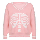 Skull Print V Neck Y2K Oversized Sweater Harajuku Casual Loose Knitted Top Pullovers Korean Punk Ladies Jumper