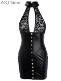 Women Sexy PU Leather Contrast Lace Bodycon