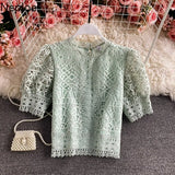 Mujer De Moda 2023 Vintage Puff Sleeve Blouses Hollow Out Crochet Floral Crop Tops Korean Summer Elegant Lace