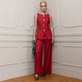 Women's Fashion Gold Buttoned Vest Trousers Two-Piece Casual Suit